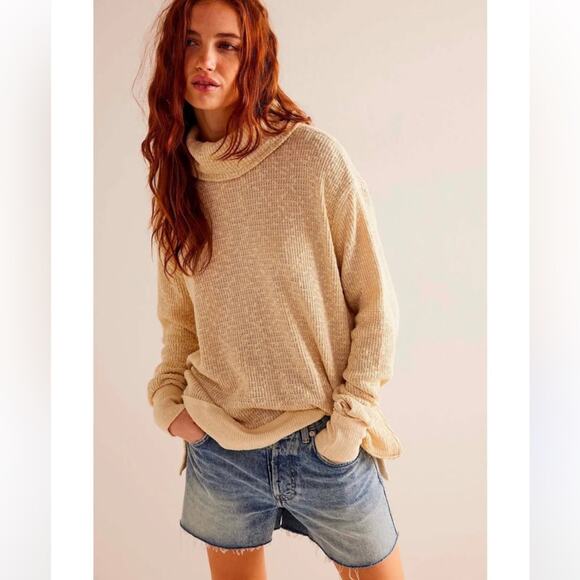FREE PEOPLE Tommy Turtleneck sweater Toasted Almond cream neutral knit fall M - Picture 2 of 10
